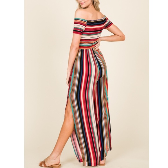 Multi Color Stripe Smock Jumpsuit Split Leg - Picture 6 of 8